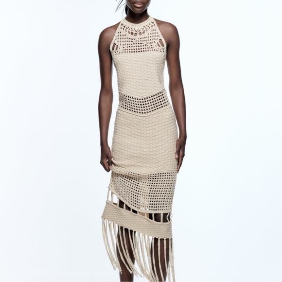 Zara Chic Beige Crochet Dress with Fringe. New - Picture 14 of 14